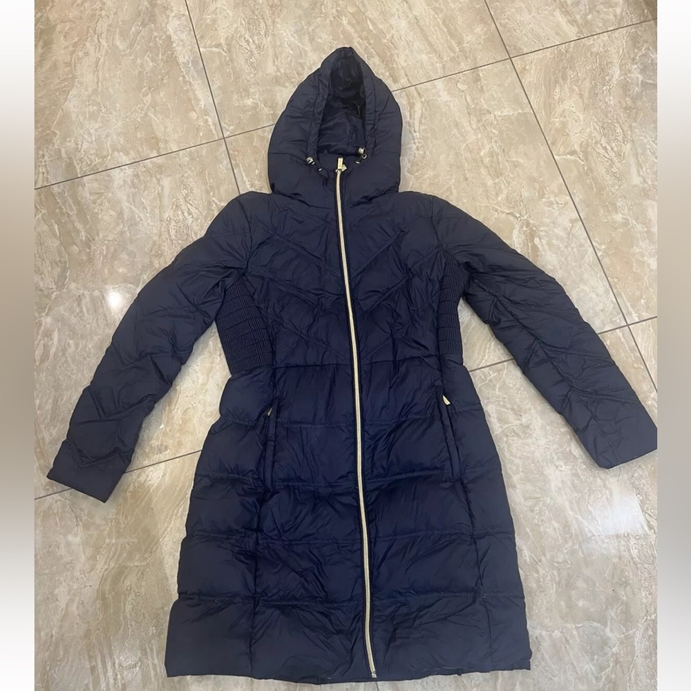 Michael Kors Dark Blue Winter Jacket Hood 2 Zippers Worn Once Size M Pockets